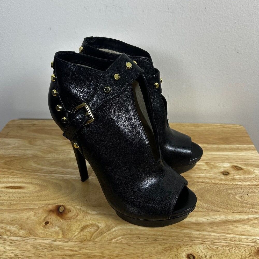 Michael Kors Ailee Open Toe Booties Womens 6.5 M Black Leather Studded Heels